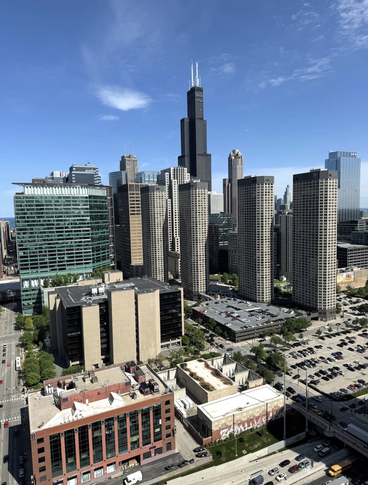 Aerial view of the Chicago skyline with the Willis Tower rising above the city